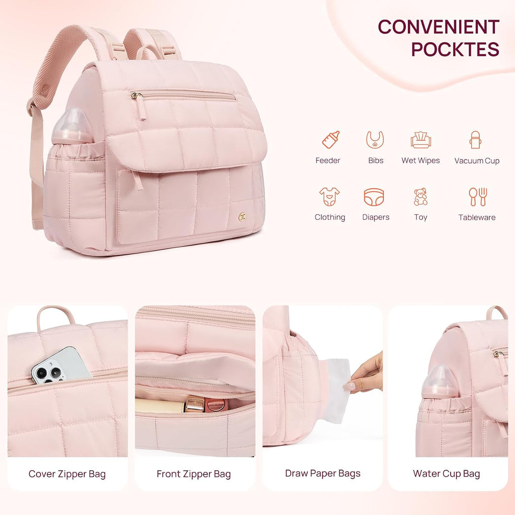 Diaper Bag Mini Diaper Backpack with Changing Pad, Puffer Baby Travel Bag with Insulated Pockets, Stroller Straps