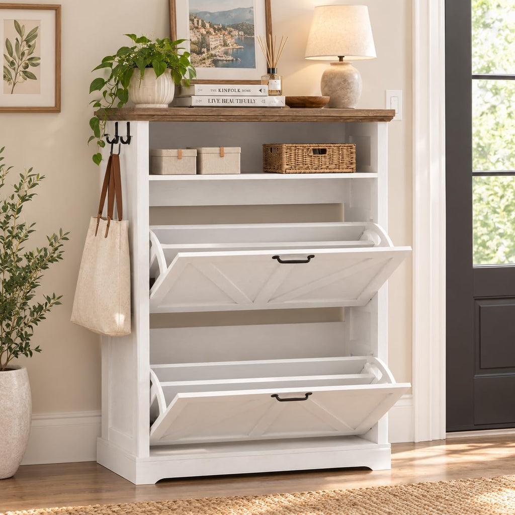 Farmhouse Freestanding Shoe Cabinet, 31.5" White