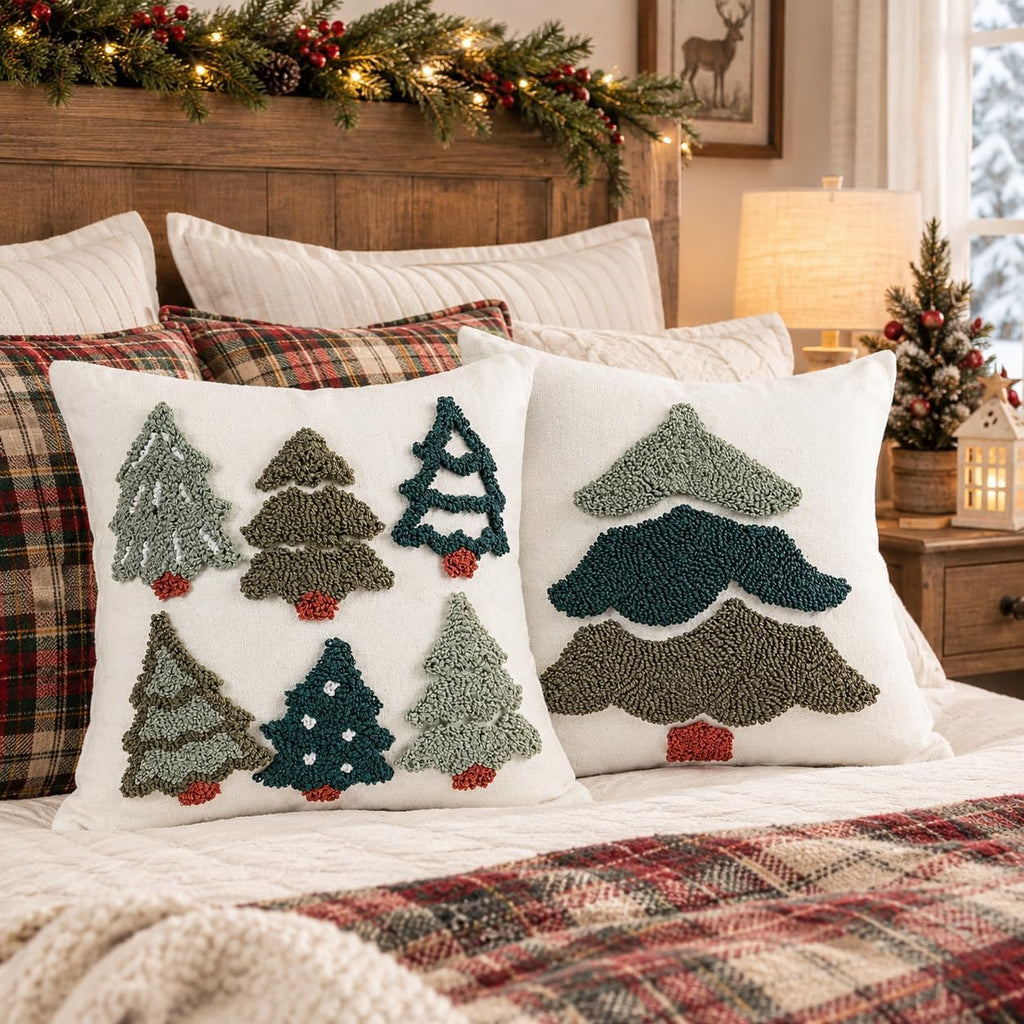 Christmas Tree Pillow Covers 18x18 Inch, Tufted Embroidery, 2 Pack