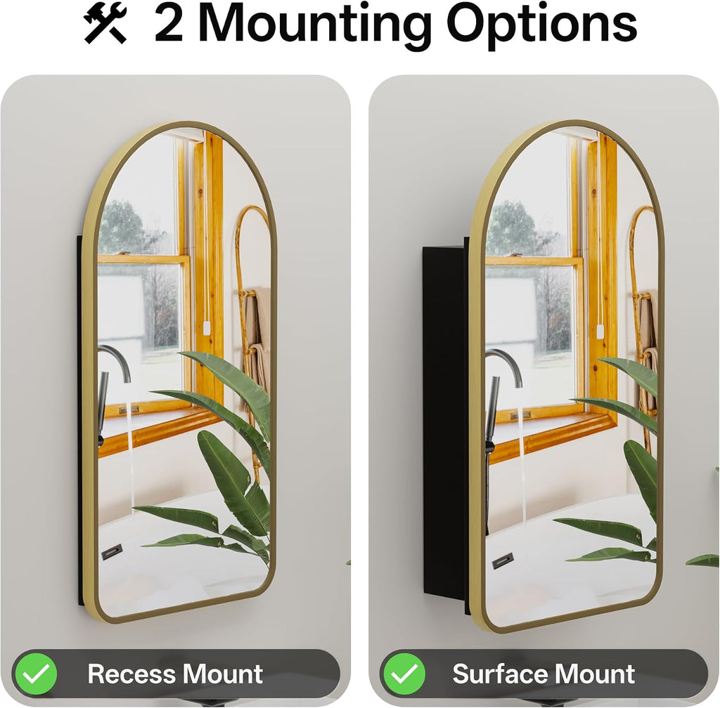 Arched Bathroom Medicine Cabinet with Mirror, No Assembly Needed, Recessed or Surface Mount Wall Storage Cabinet