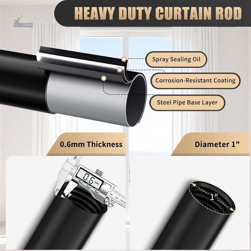 Vintage Black Curtain Rod Curtain Rods for Windows Adjustable Heavy Duty Drapery Rod with Gold Bird