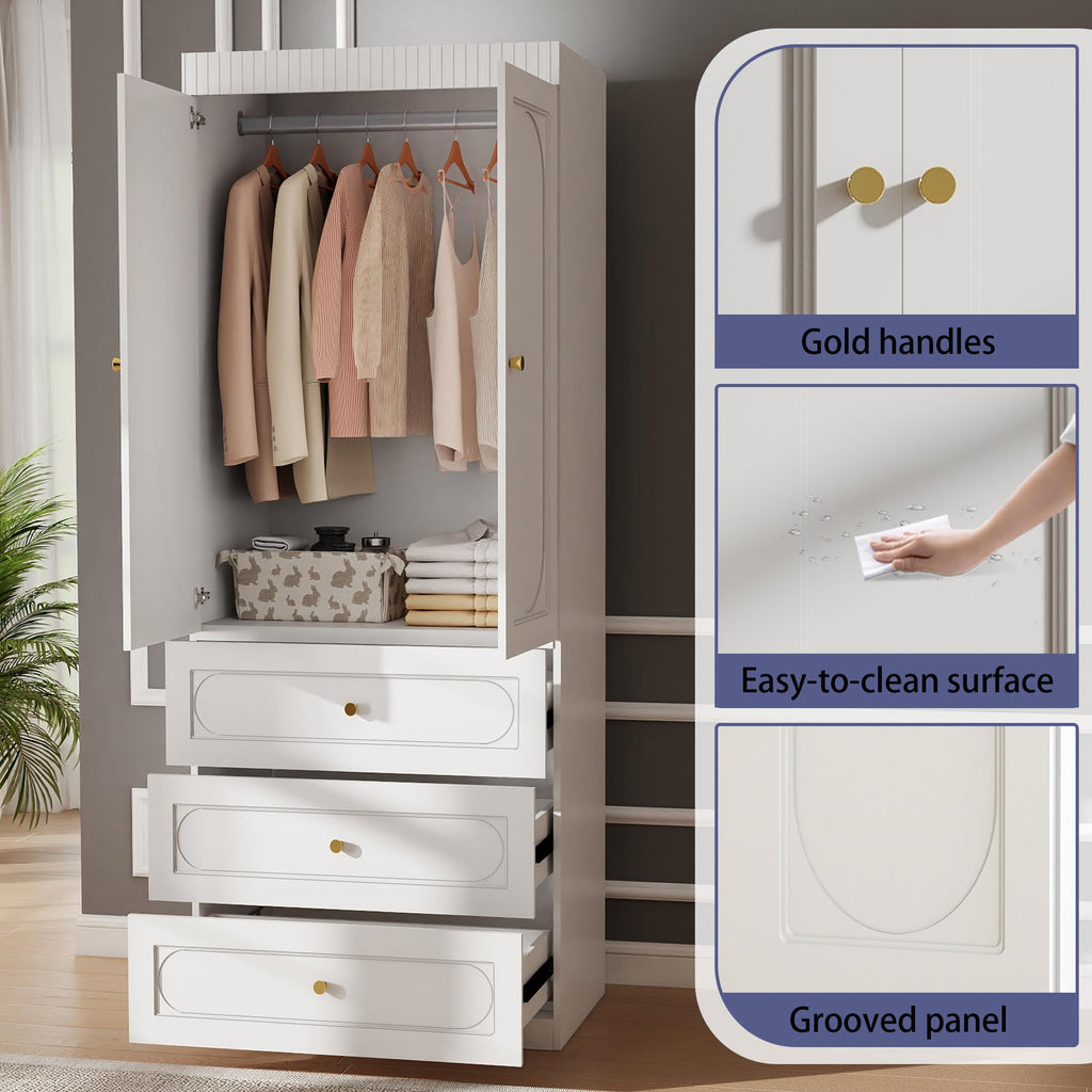 White Wardrobe Closet with 3 Drawers and 2 Doors, 75" H x 32" W