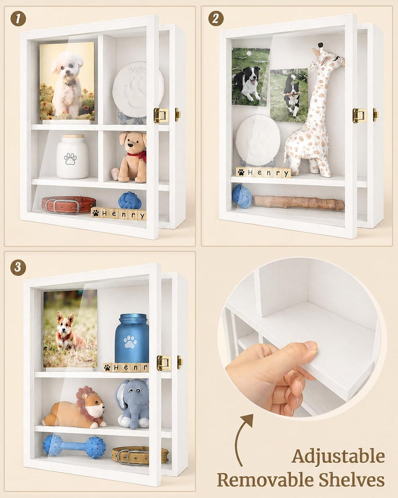 Pet Memorial Shadow Box, Dog Memorial Shadow Box with Adjustable Shelves & Pin-Back Board, Wooden Pet Memorial Box