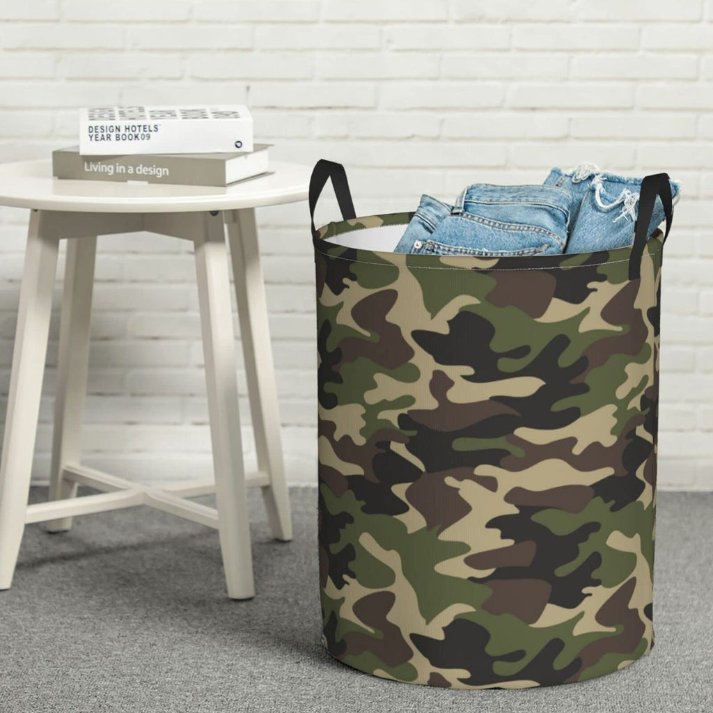 62L Round Laundry Hamper Camouflage Pattern Storage Basket Waterproof Coating Green Camo Organizer Bin Clothes Toys