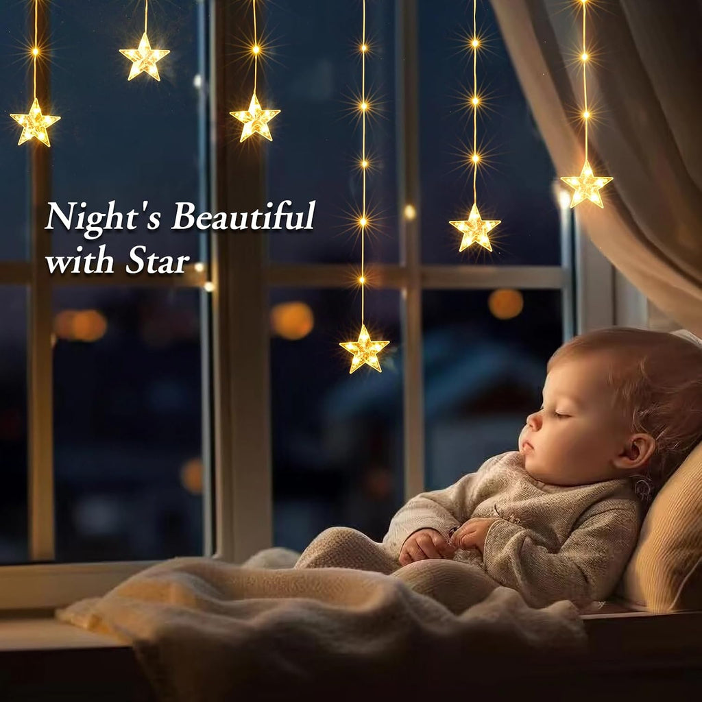Star Christmas Window Lights, 76 LEDs 9 Stars Curtain Lights Battery Operated with Timer, 8 Mode Xmas Hanging Window