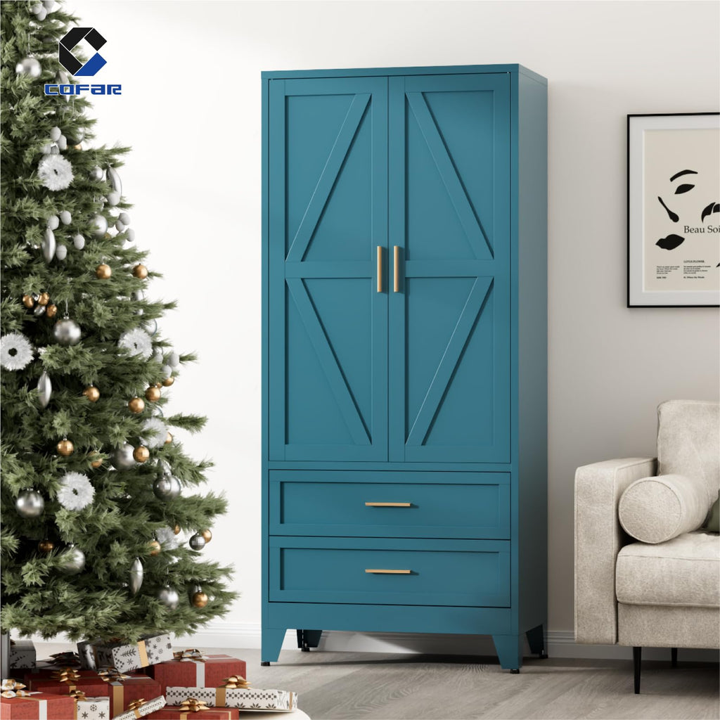 Metal Armoire Wardrobe Closet with Drawers, 71'' Tall Farmhouse Bedroom Armoires with Doors, Freestanding Steel