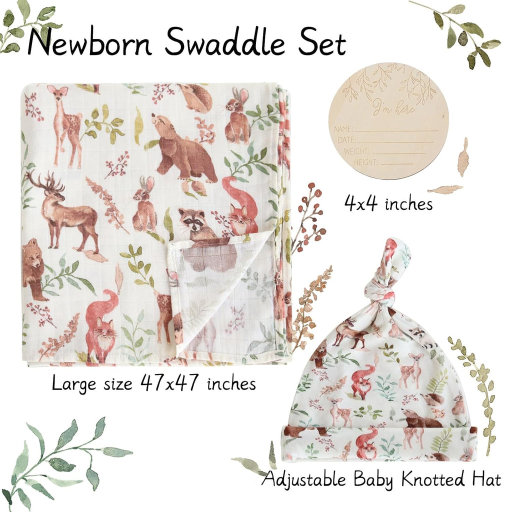 Muslin Swaddle Blankets, Muslin Baby Boy Swaddle Blanket and Hat Set with Birth Announcement Card, Newborn Unisex