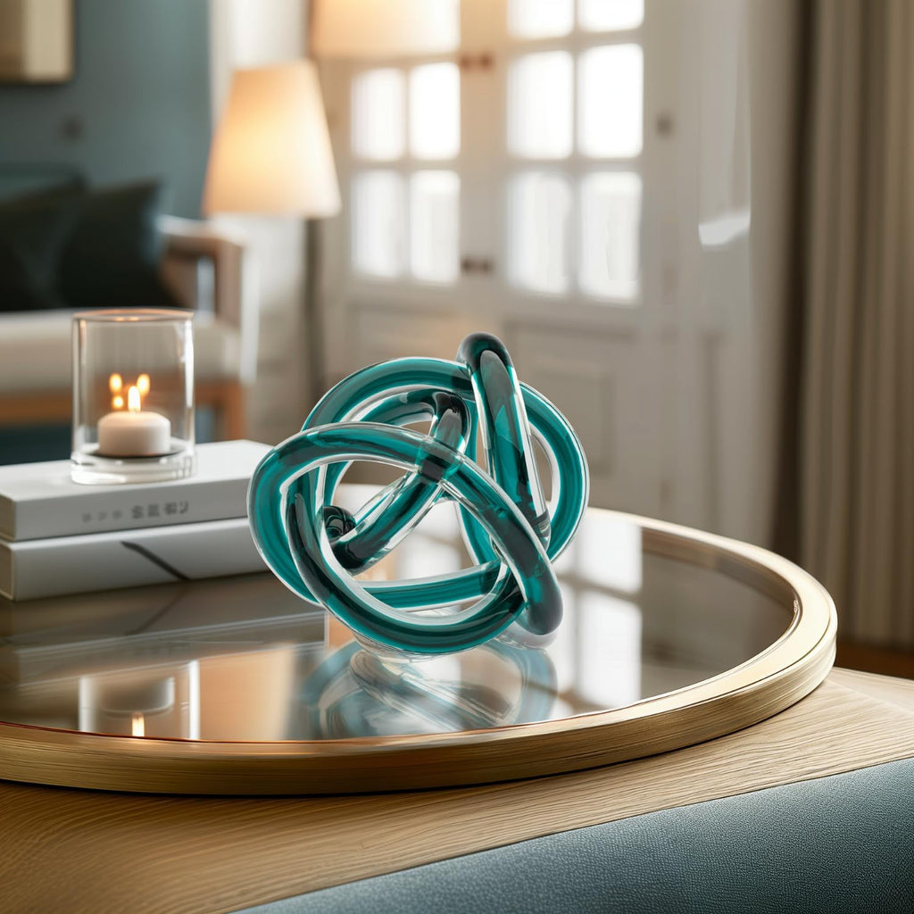 Orbit Hand Blown Glass Infinity Knot Sculpture - 4.5 Inch Glass Art Teal Knot Decor Ball Decor, Small Centerpiece