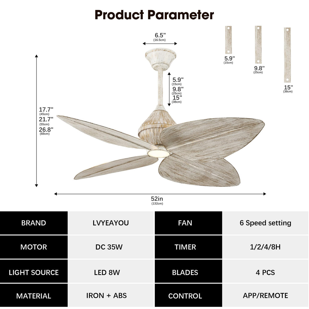 52" Leaf Ceiling Fans with Lights, (Rustic White Gold)
