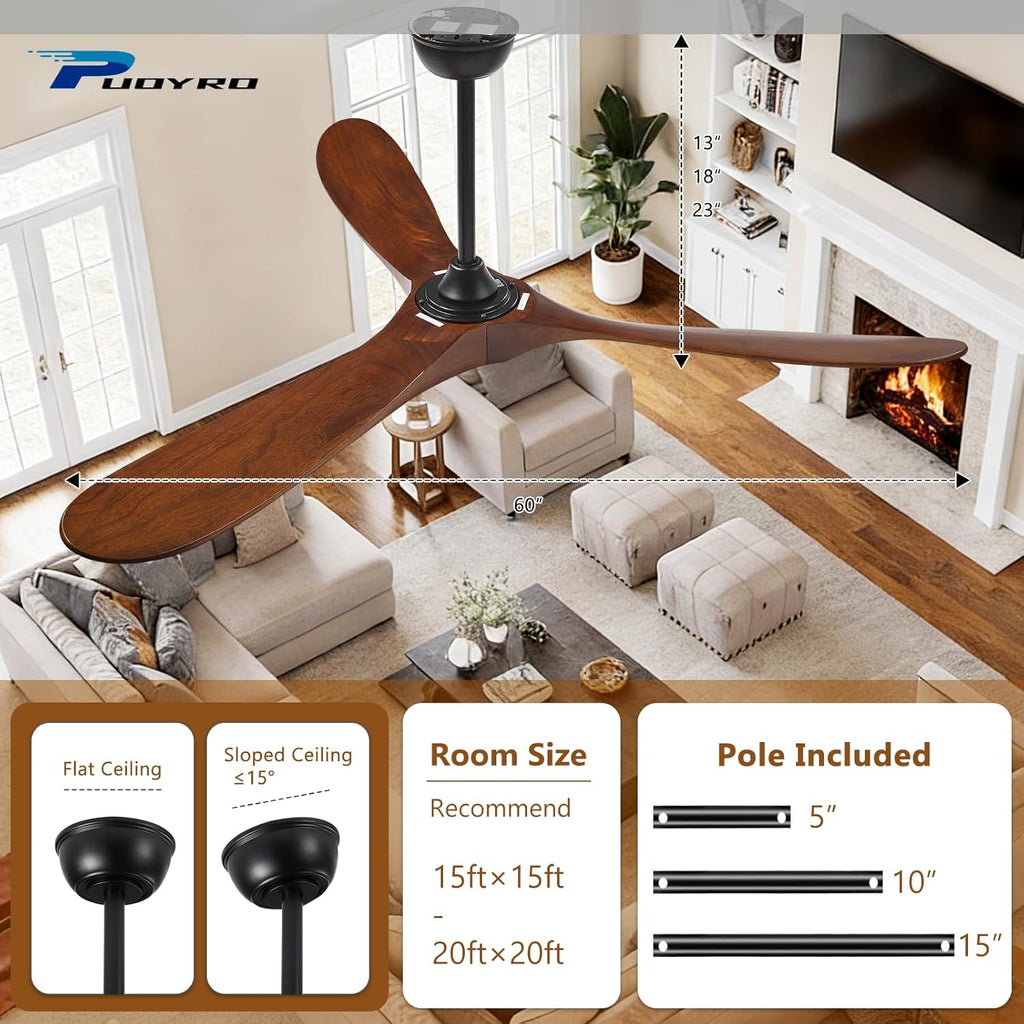 60" Ceiling Fan with Light and Remote, 6-Speed Dimmable Outdoor Ceiling Fan, High CFM Quiet 3 Blade Wood Ceiling Fan