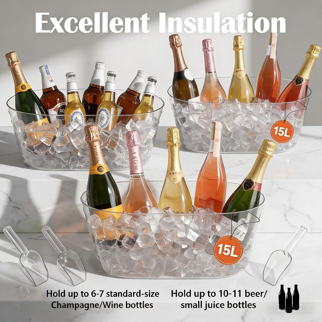 Ice Buckets for Parties, 15L Large Ice Bucket, 4 Gallon Clear Acrylic Champagne Ice Buckets with 2 Scoops - Set of 2