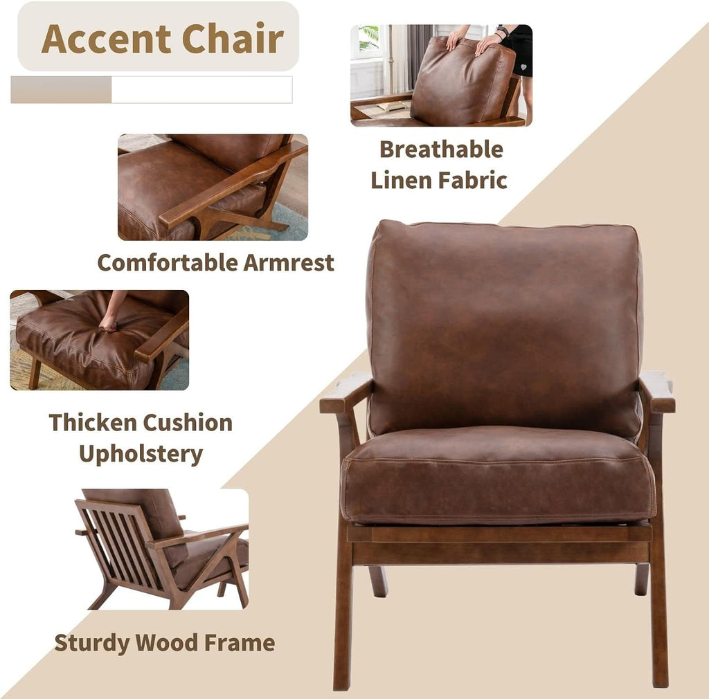 Mid-Century Modern Leather Accent Chair with Ottoman, Upholstered PU Leather Armchair with Solid Wood Frame, Comfy - Set of 2