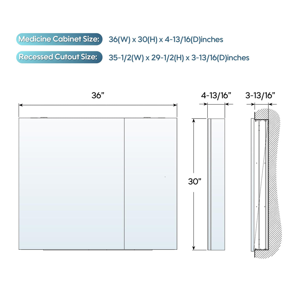 36" x 30" Rectangle Medicine Cabinet Mirror, Surface Mount or Recessed Medicine Cabinet with Tempered Mirror