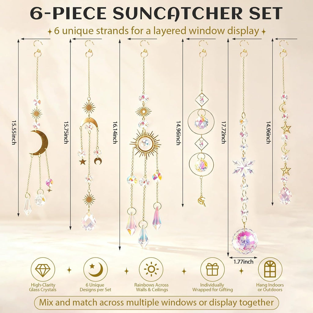 6 Pack Crystal Suncatchers for Window, Rainbow Prism Hanging Decor - Sun Catchers Indoor Hanging Decor with Sun Moon