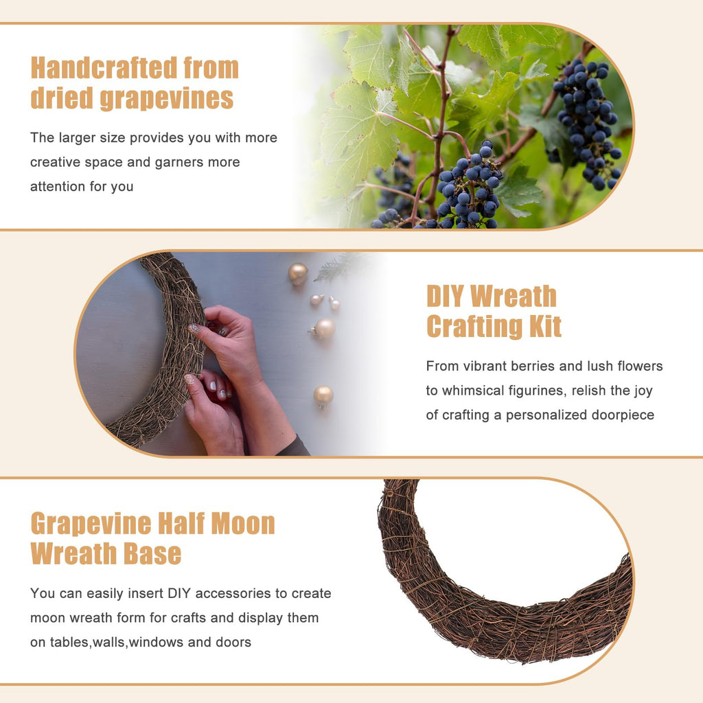 14 Inch Crescent Moon Wreath Base, Natural Grapevine Wreaths, 3 Pack