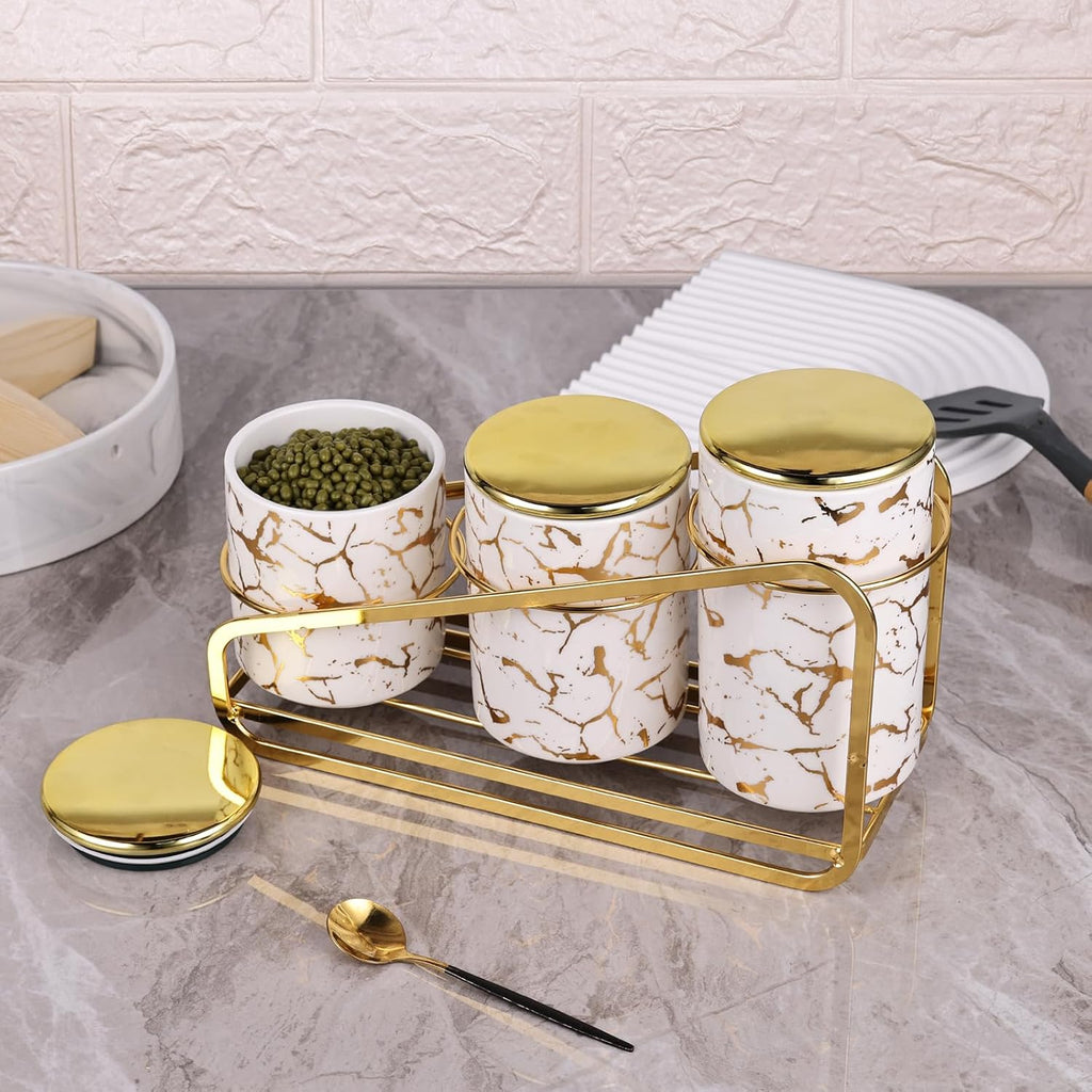 Ceramic Canister Set Countertop - A Kitchen Canisters with Tiered Shelf, Airtight Countertop Flour and Sugar - Set of 3