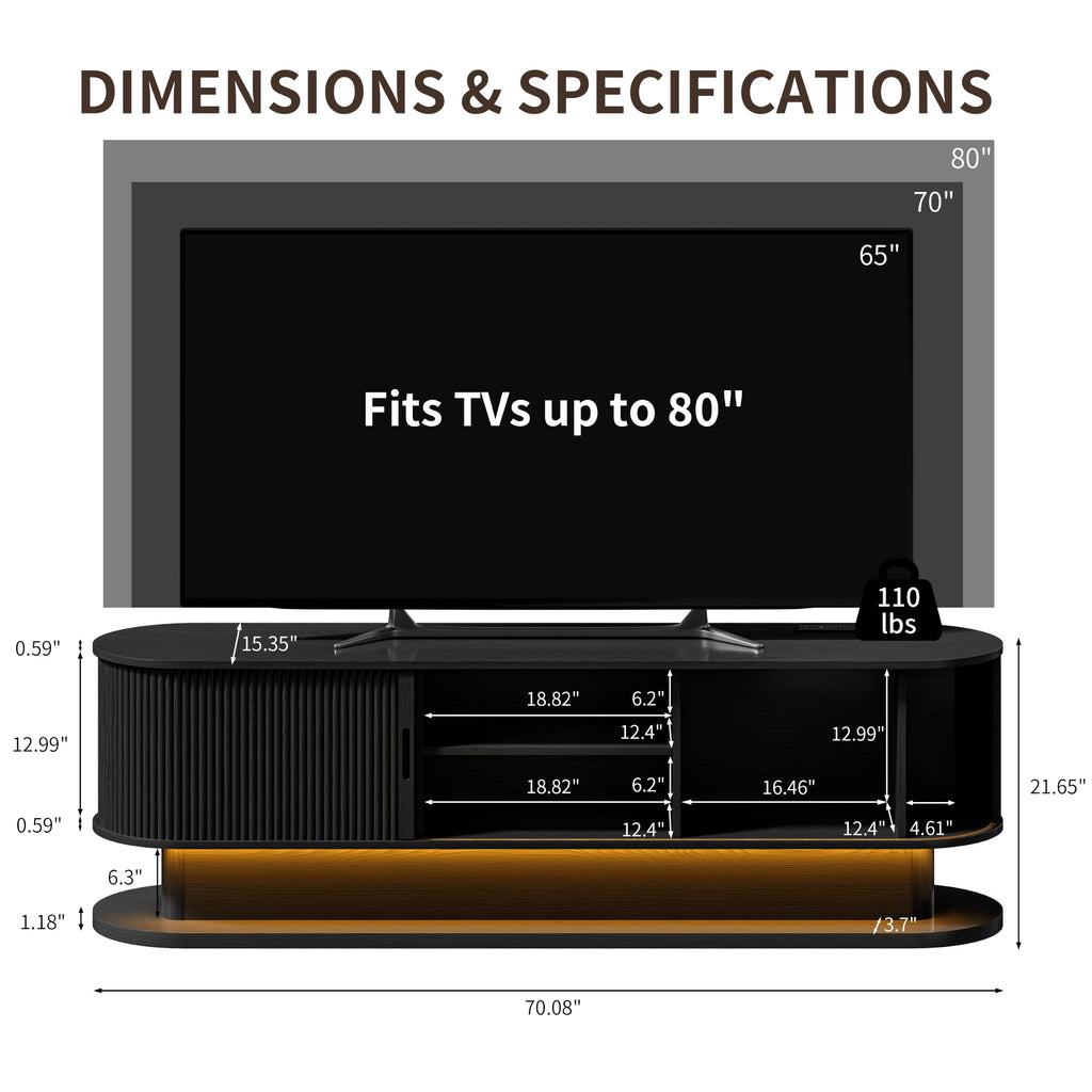 70" Fluted TV Stand with Power Outlet for TVs up to 80", Mid Century Modern TV Console with LED Lights and
