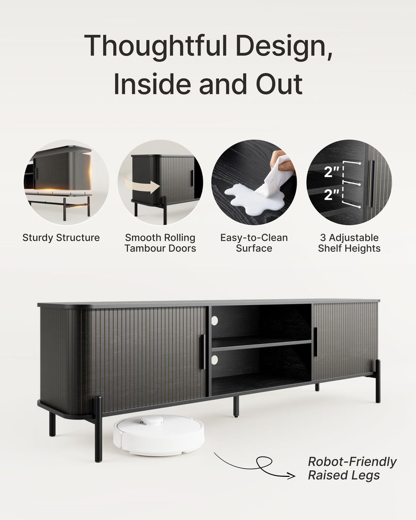 70" Mid-Century Fluted TV Stand with Storage up to 80 Inch, Black