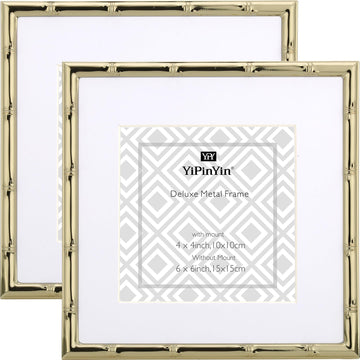 6x6'' Sqaure Gold Metal Picture Frame With Mat for 4x4'' Set of 2, Bamboo Detail Designs Gold Plated Photo Frames