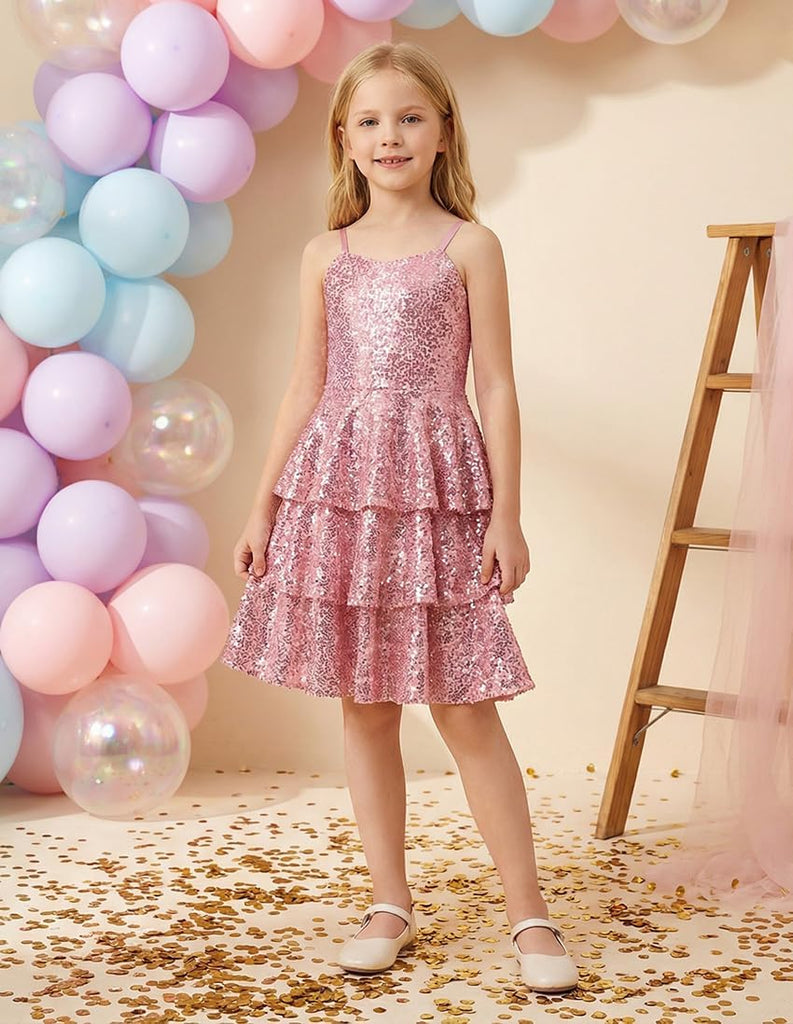Girls Sequin Formal Dresses Kids Party Special Occasion Fancy Dress Tie Back 3 Layer Prom Graduation Outfits