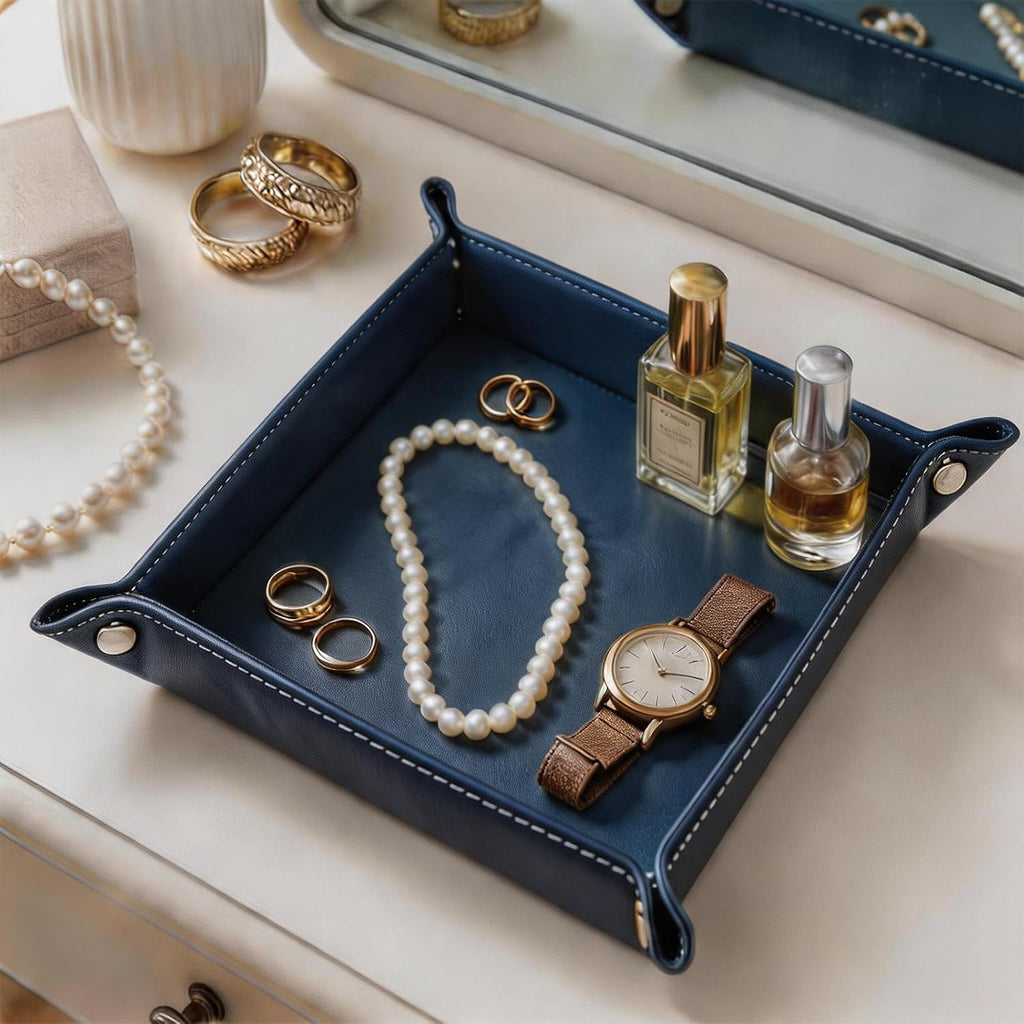 Valet Tray Desktop Storage Organizer - Vegan Leather Catchall Tray Bedside Vanity Tray Nightstand Caddy Holder