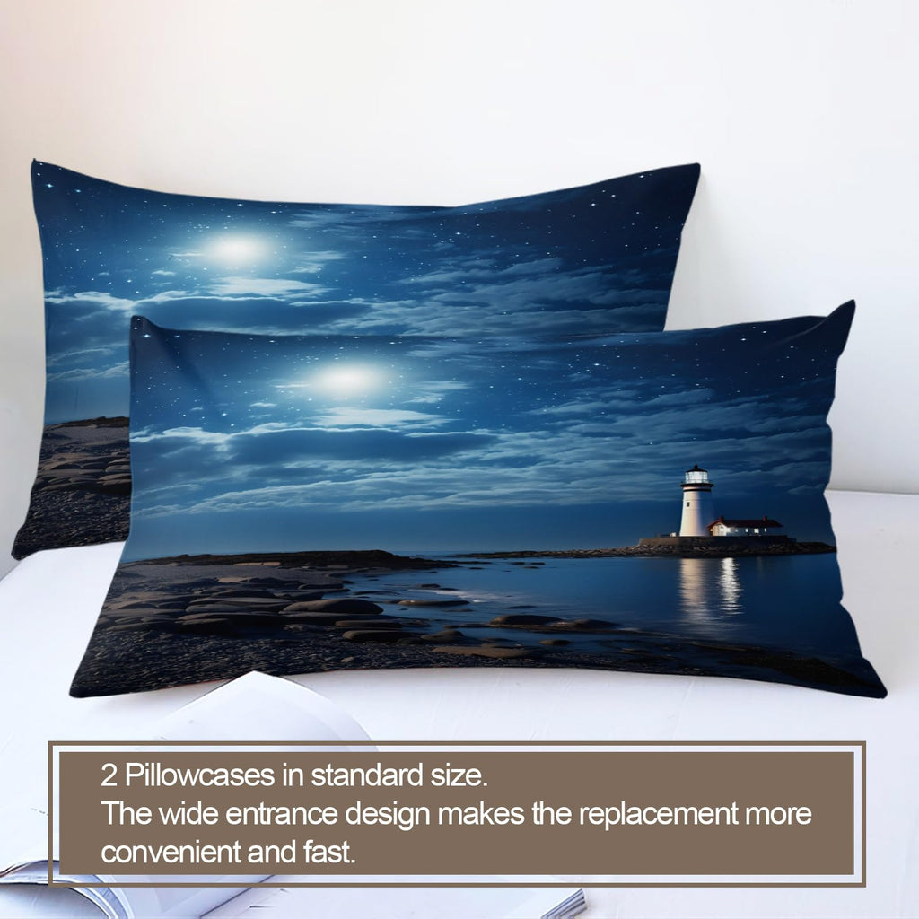 Lighthouse Bedding Set, Night View Bedding Rocky Beach Duvet Cover Microfiber Comfy Comter Cover with 2
