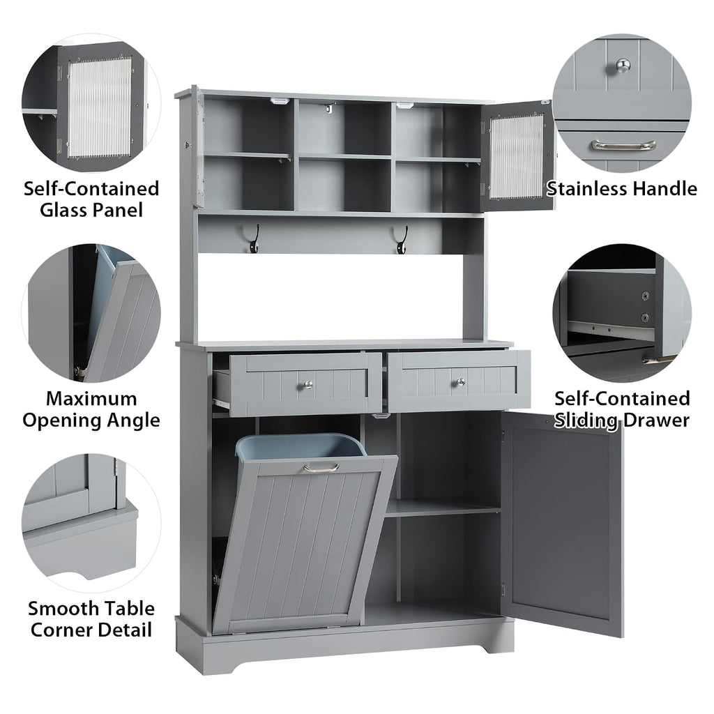 Trash Can Cabinet, Tilt Out Trash Cabinet w/Stroge, Dog-Proof, Gray