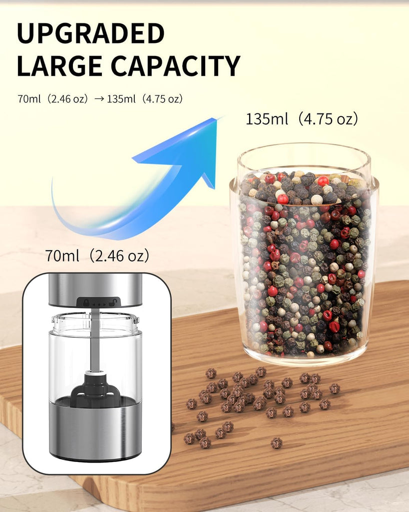 Rechargeable Salt and Pepper Grinder Set Gravity Electric Salt and Pepper Grinder Set, LED Light, Adjustable - Set of 2