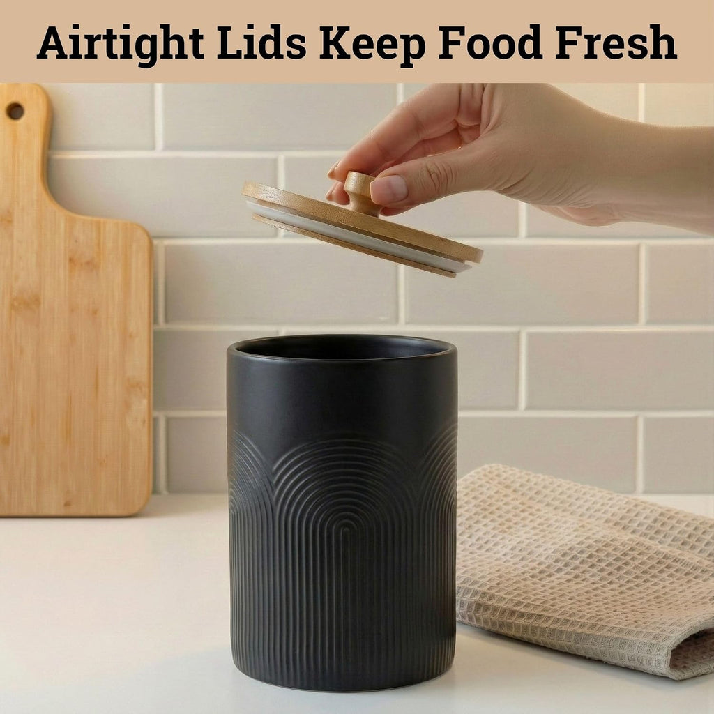 Ceramic Kitchen Canisters for Countertop w/ Airtight Bamboo Lids - Set of 3
