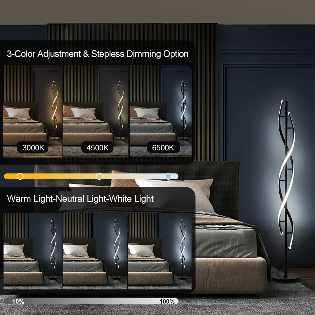 Spiral LED Floor Lamp, Modern Floor Lamps with Remote Control 60 Inch Dimmable Black Floor Lamp 48W Standing Lamp