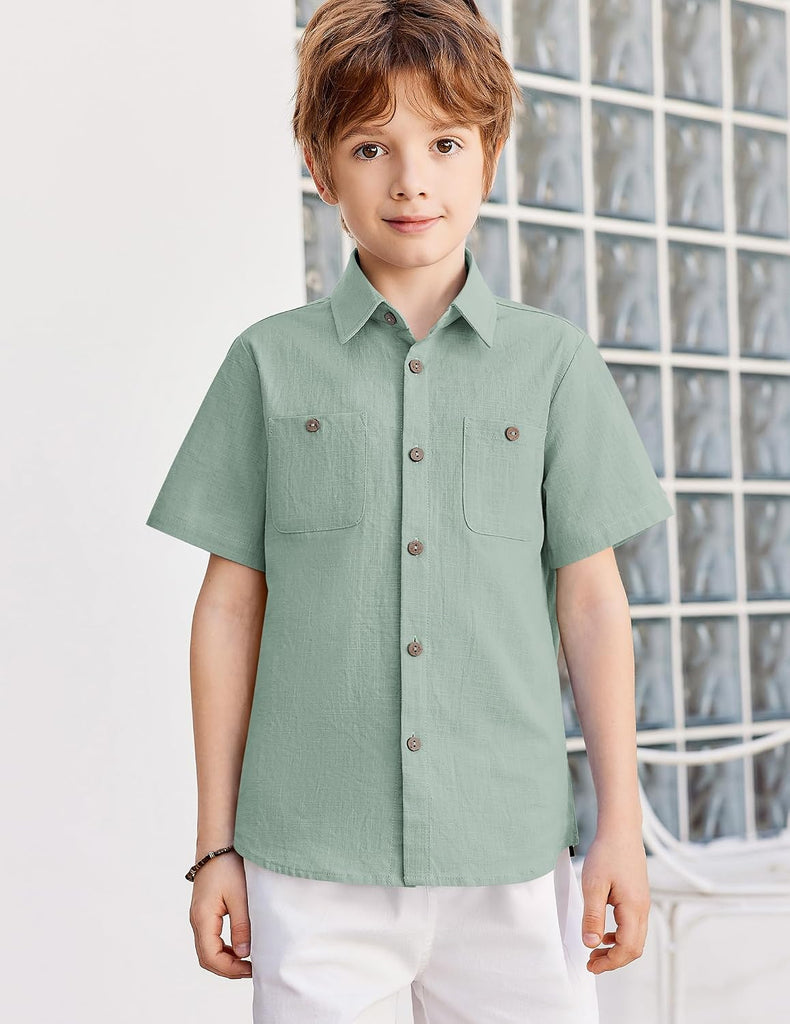 Boys Chambray Button Down Shirt Cotton Short Sleeve Shirt