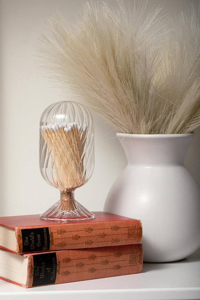 Premium Helix Glass Cloche - Decorative Jar with Striker. Holder for Long Matches for Candles, Fireplace, Bathroom