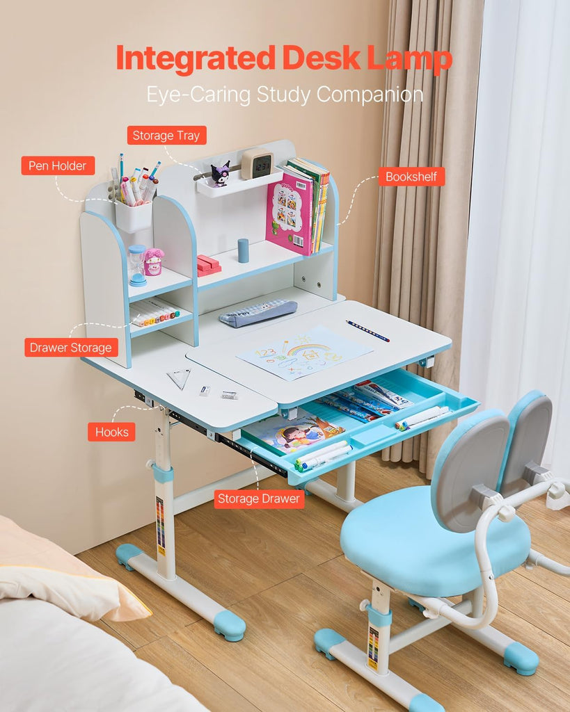 Kids Study Chair and Desk Set, Study Desk and Chair for Kids with Bookshelf & Storage Drawer, Adjustable Height &