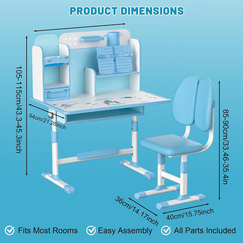 Kids Study Desk and Chair Set, Height Adjustable Kids Table with Drawer