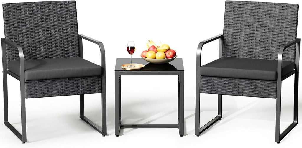 Gizoon 3 Pieces Patio Bistro Sets, Outdoor Rattan Conversation with Glass Table, Wicker Furniture Set with Cushion