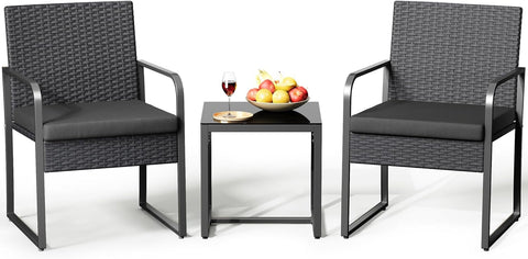 Gizoon 3 Pieces Patio Bistro Sets, Outdoor Rattan Conversation with Glass Table, Wicker Furniture Set with Cushion