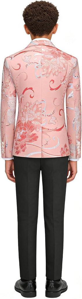 Boys Floral Tuxedo Suit Set Kids 3 Piece Slim Fit Prom Set