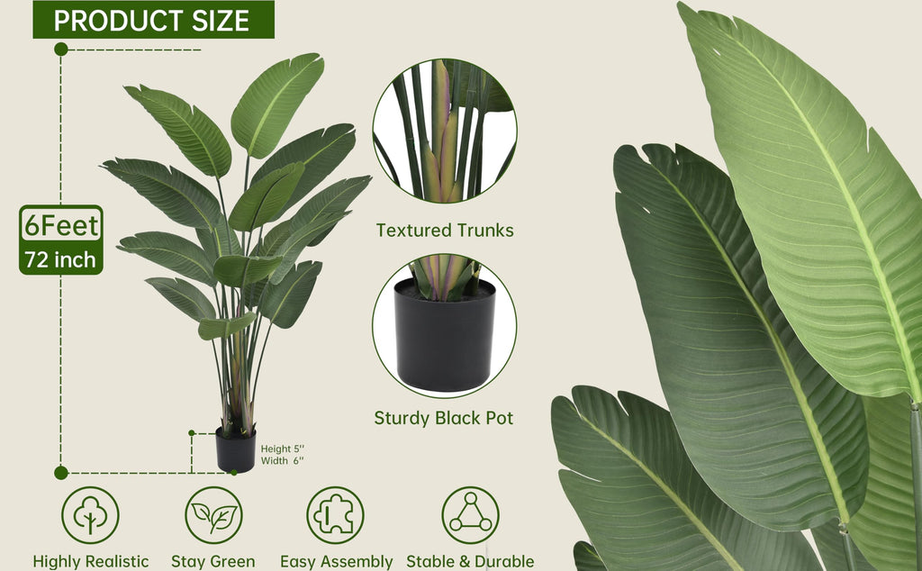 Artificial Bird of Paradise Tree 6FT 13 Thick Matte Texture Leaves