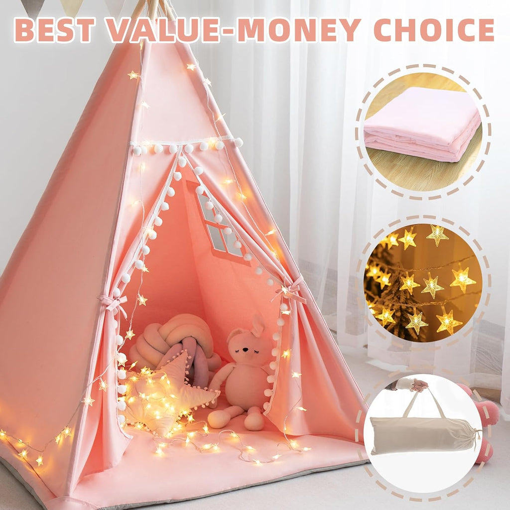 Teepee Tent for Kids with Mat, Star Lights, Carry Case, Cotton Canvas Playhouse, Foldable Tents, Portable Children