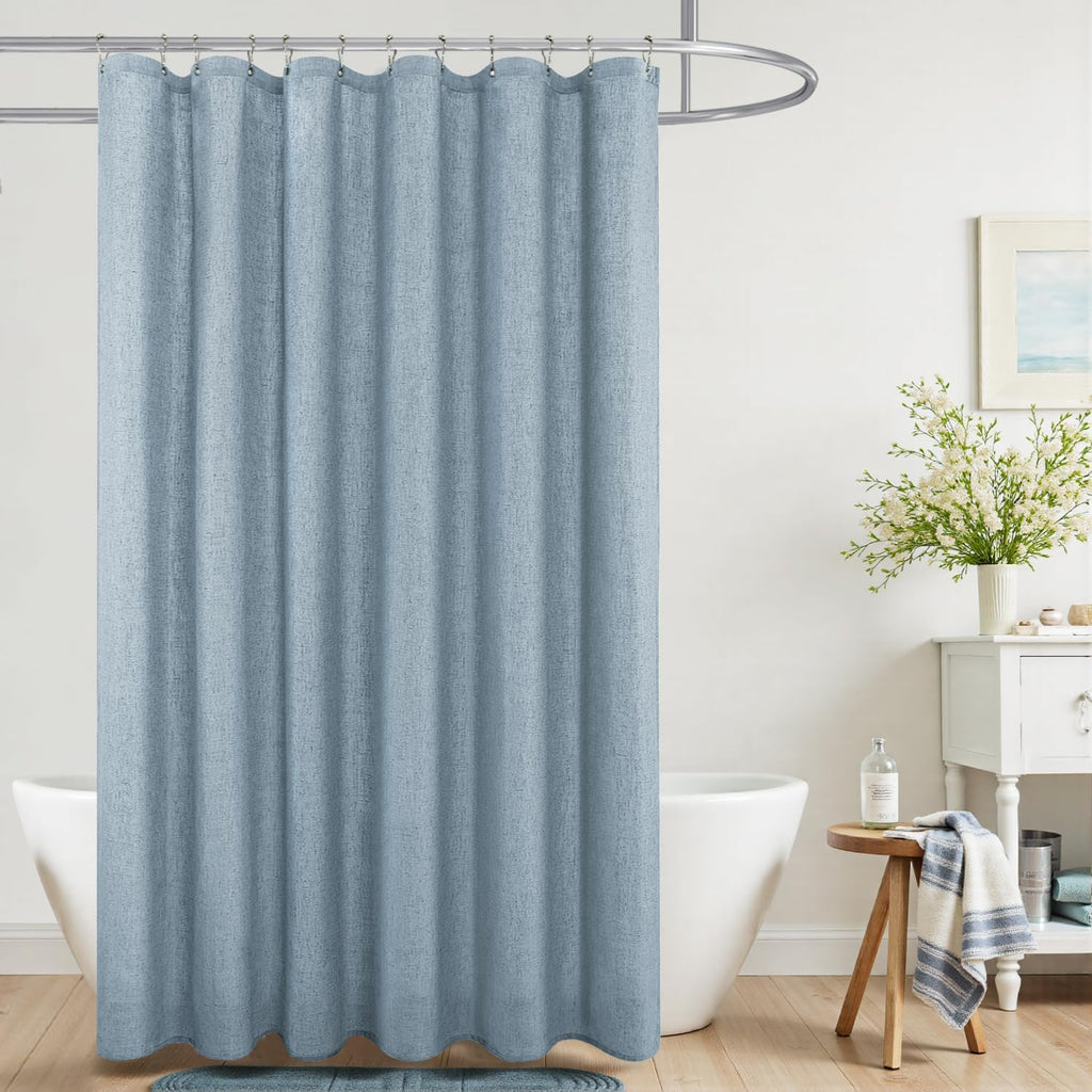 Light Blue Shower Curtain Liner Linen Fabric Waterproof Washable Pretty Boho Vintage Shower Curtains Decor with