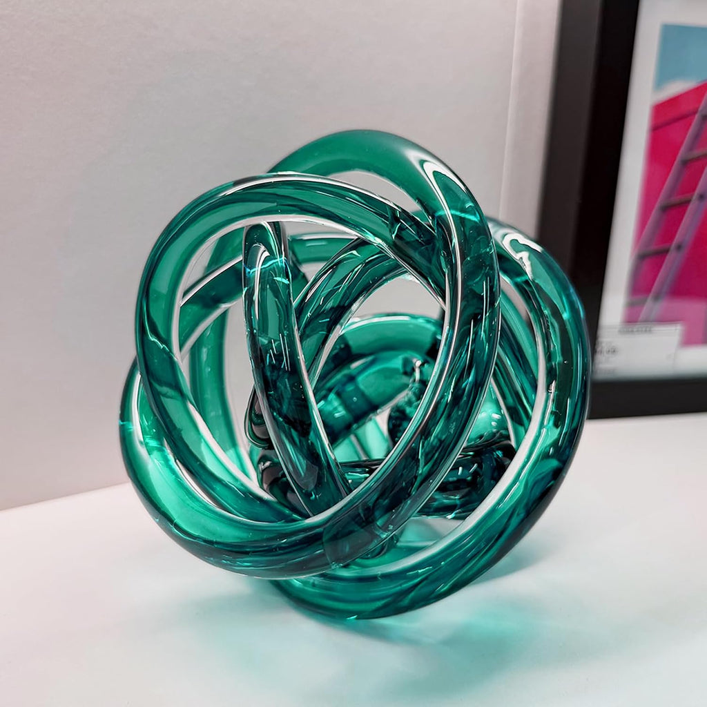 Glass Knot Teal Decor Ball - 5 Inch Hand Blown Infinity Sculpture Orbit Home Decor Table Decoration Interio Art