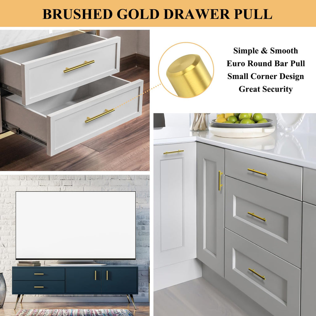 30Pack 3''Hole Centers Gold Cabinet Handles-Brushed Brass Cabinet Pulls Gold Dresser Drawer Pulls-Stainless Steel