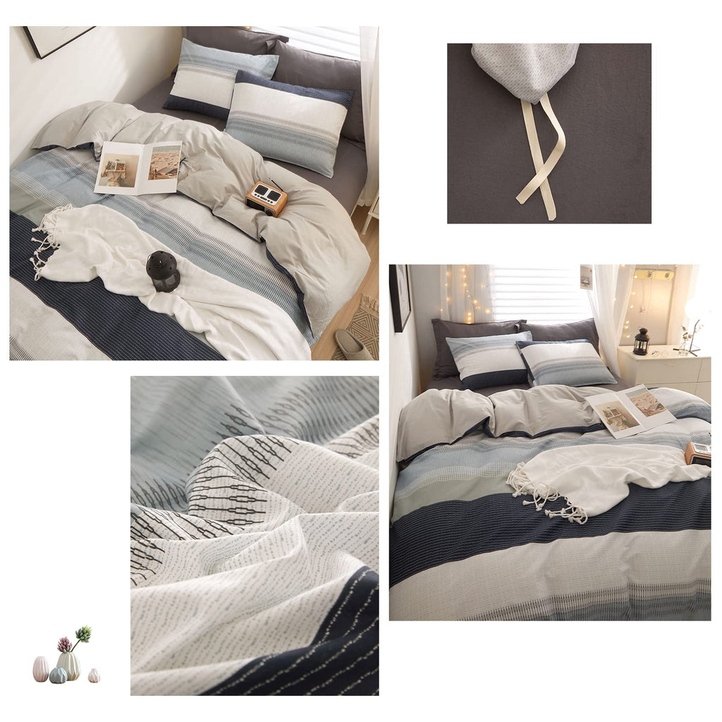 Cotton Stripe Duvet Cover Full Size Gray Blue White Stripe Comforter Cover Modern Style Geometric Stripe Bedding Set