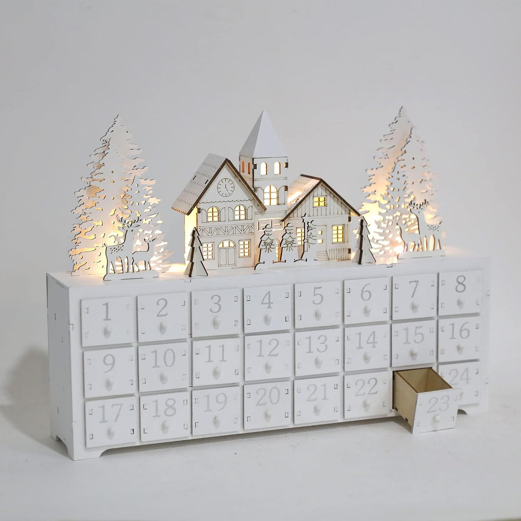 Christmas Wooden Advent Calendar House with 24 Drawers and LED-lit Scene, Countdown to Christmas Decoration to Fill