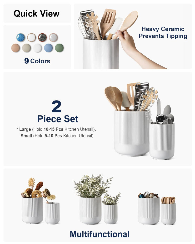 Ceramic Kitchen Utensil Holder for Counter, 7.3/5.4", White