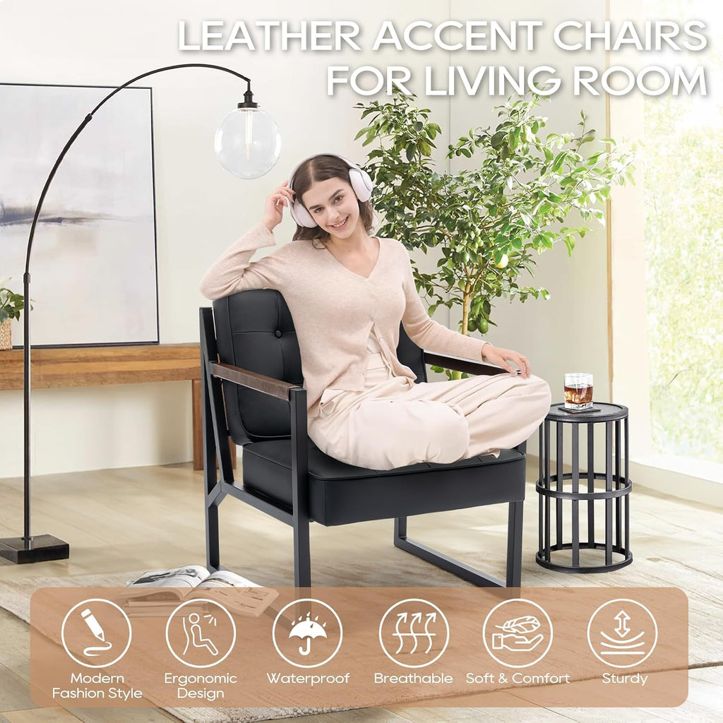Black Leather Accent Chair, Accent Arm Chair, Comfy Armchair with Metal Legs Bedroom Reception Waiting Room
