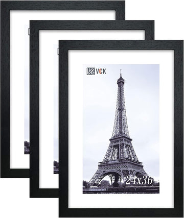 VCK 24x36 Poster Frame 3 Pack - Solid Wood Black Picture Frames 24 x 36 Inches with Wall Mounting Hanging - Set of 3