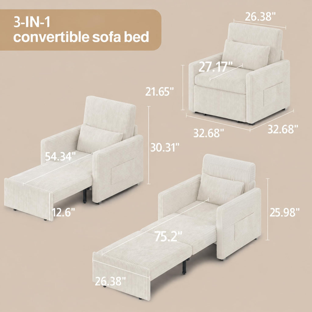 75.2" Sleeper Chair Pull Out Bed, 3 in 1 Corduroy Sleeper, Beige