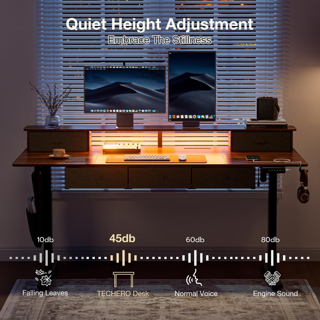 63x32" Electric Standing Desk with 5 Drawers, Power Outlets, LED Light