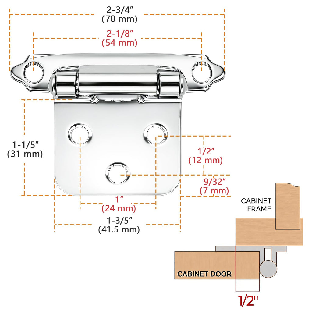20 Pack (10 Pairs) Polished Chrome Cabinet Hinges, 1/2" Overlay (Variable) Hinges Cabinets, Decorative Self Closing